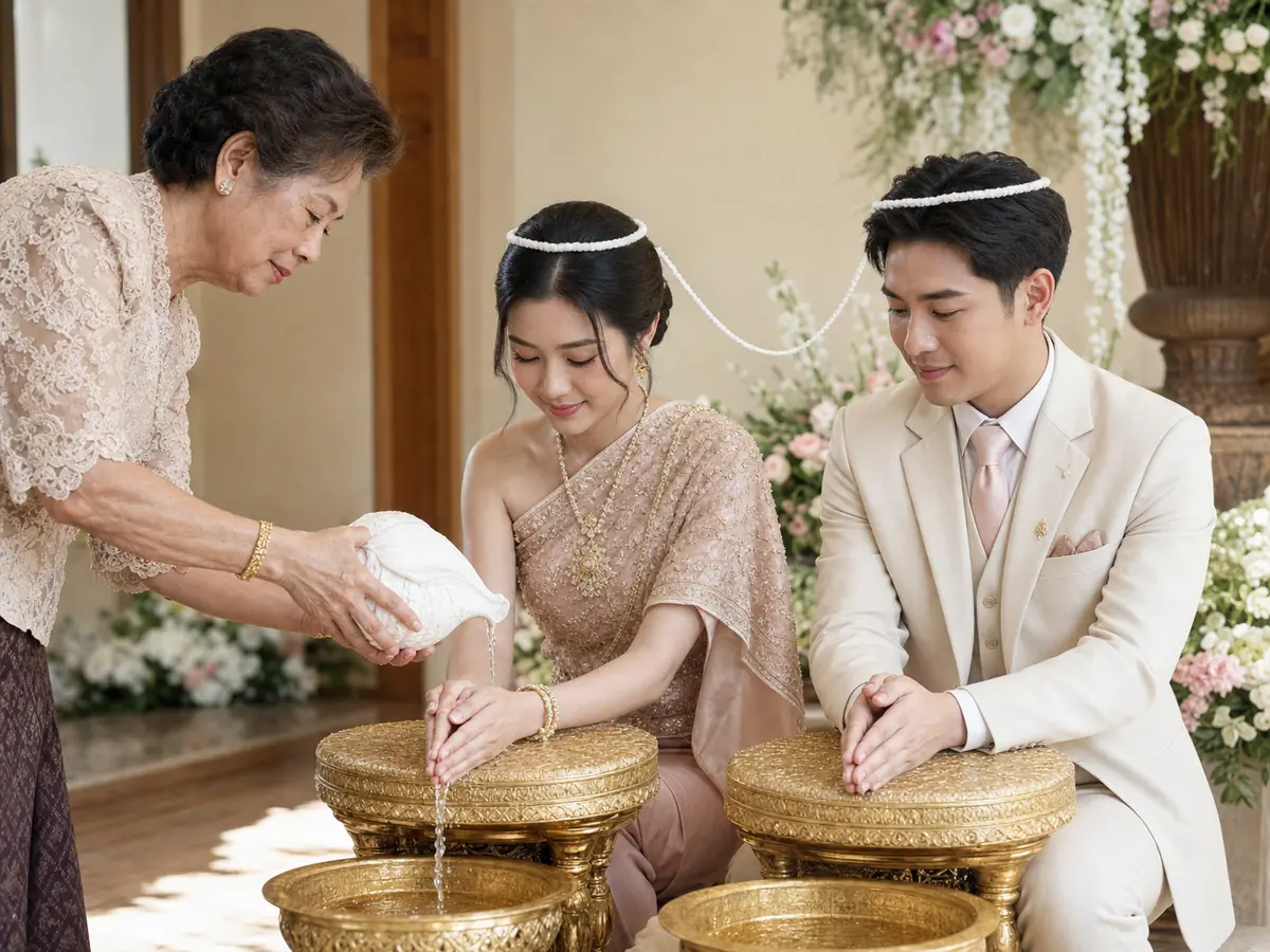 ผู้ใหญ่กำลังรดน้ำสังข์ลงบนมือเจ้าสาว โดยคู่บ่าวสาวนั่งรับพรบนตั่งทอง