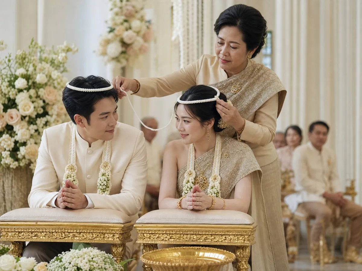 ประธานในพิธีสวมมงคลแฝดให้คู่บ่าวสาวที่นั่งอยู่บนตั่งรดน้ำ