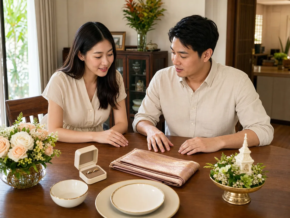 คู่บ่าวสาวนั่งไล่รายการค่าใช้จ่ายก้อนใหญ่ของงานแต่งด้วยกันที่โต๊ะอาหาร