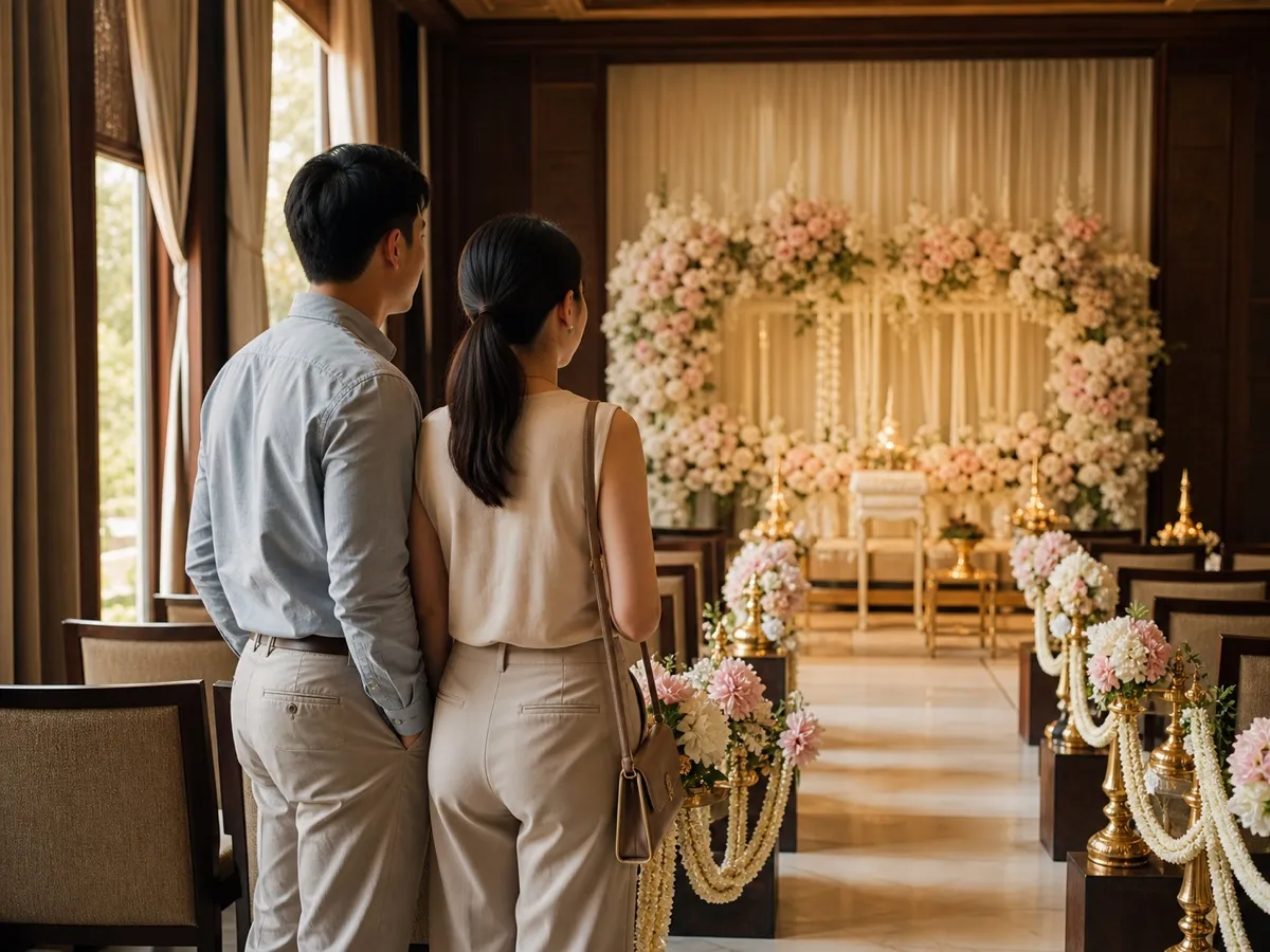 คู่บ่าวสาวยืนดูห้องพิธีที่ตกแต่งซุ้มดอกไม้และทางเดินไว้เรียบร้อยระหว่างไปดูสถานที่