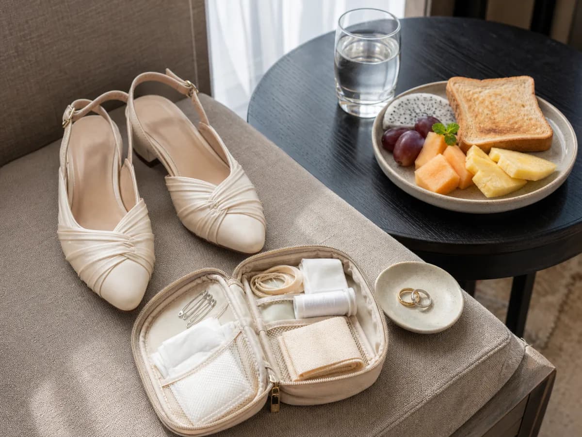 Flat bridal shoes, breakfast, water, rings, and an emergency kit prepared before the event begins