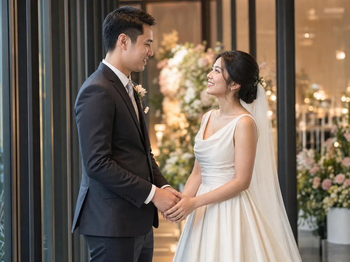 Bride and groom holding hands alone by a window during a short break in the day
