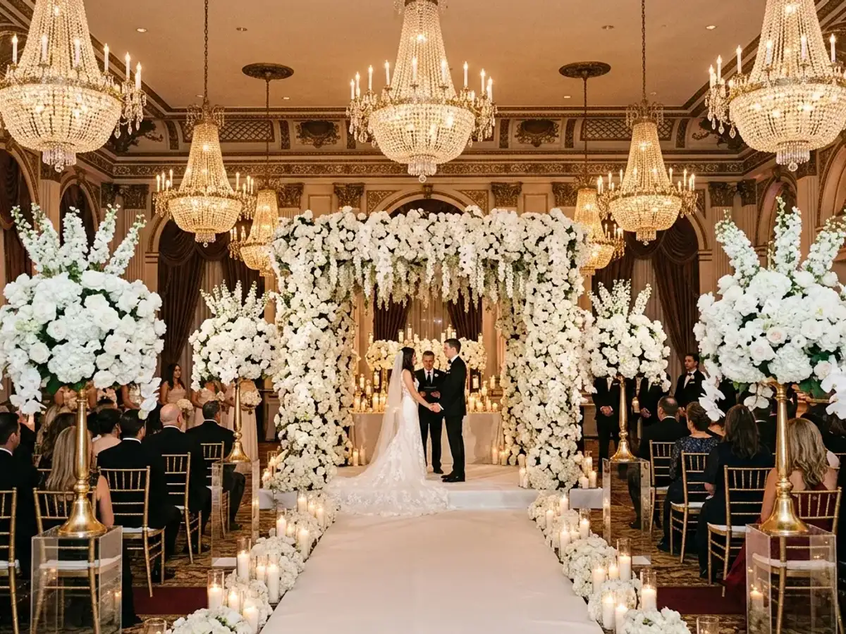 Luxury indoor wedding decoration in a ballroom with crystal chandeliers and massive white floral pieces
