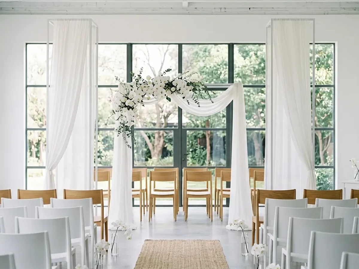 Minimalist wedding setup featuring clean lines, white drapery, and simple orchids