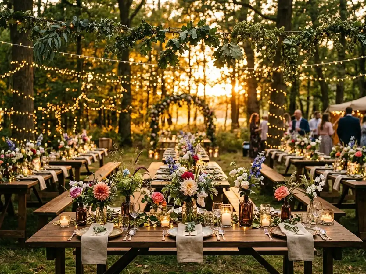 Rustic outdoor wedding setup with wooden tables, wildflowers, and fairy lights