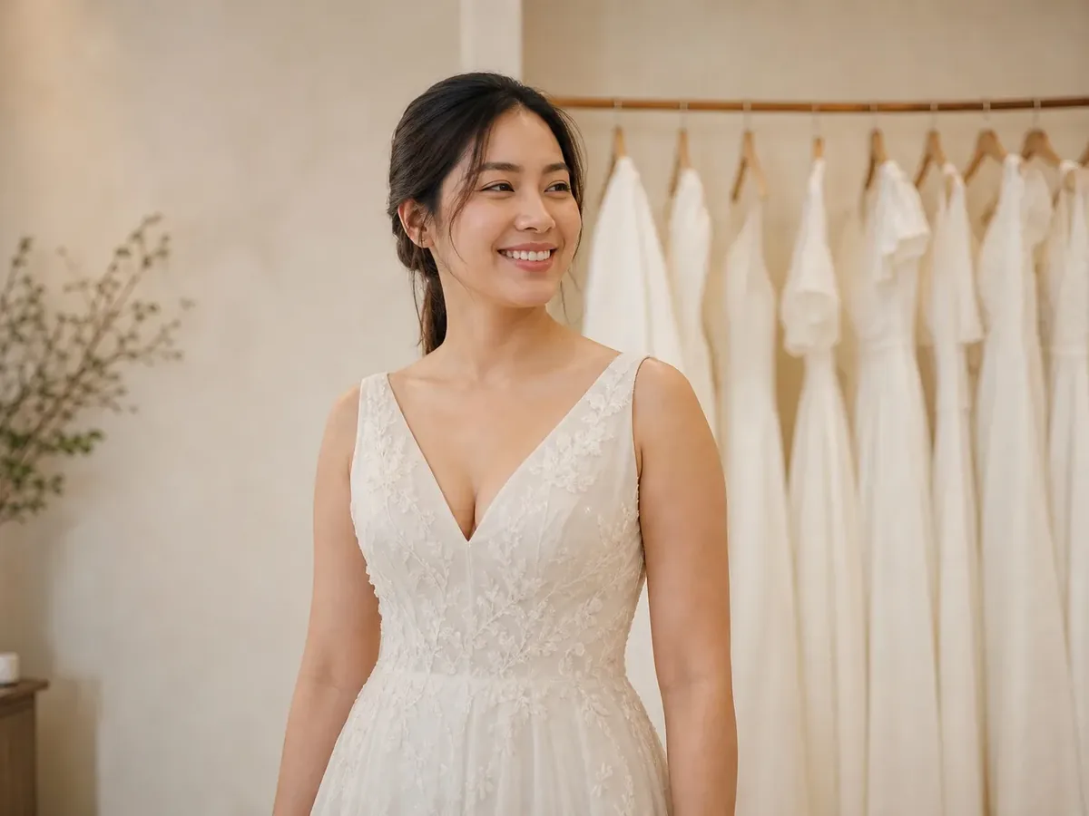 เจ้าสาวยิ้มอย่างมั่นใจในชุดลูกไม้สีขาวที่ร้านชุดเจ้าสาว โดยมีราวแขวนชุดอยู่ด้านหลัง