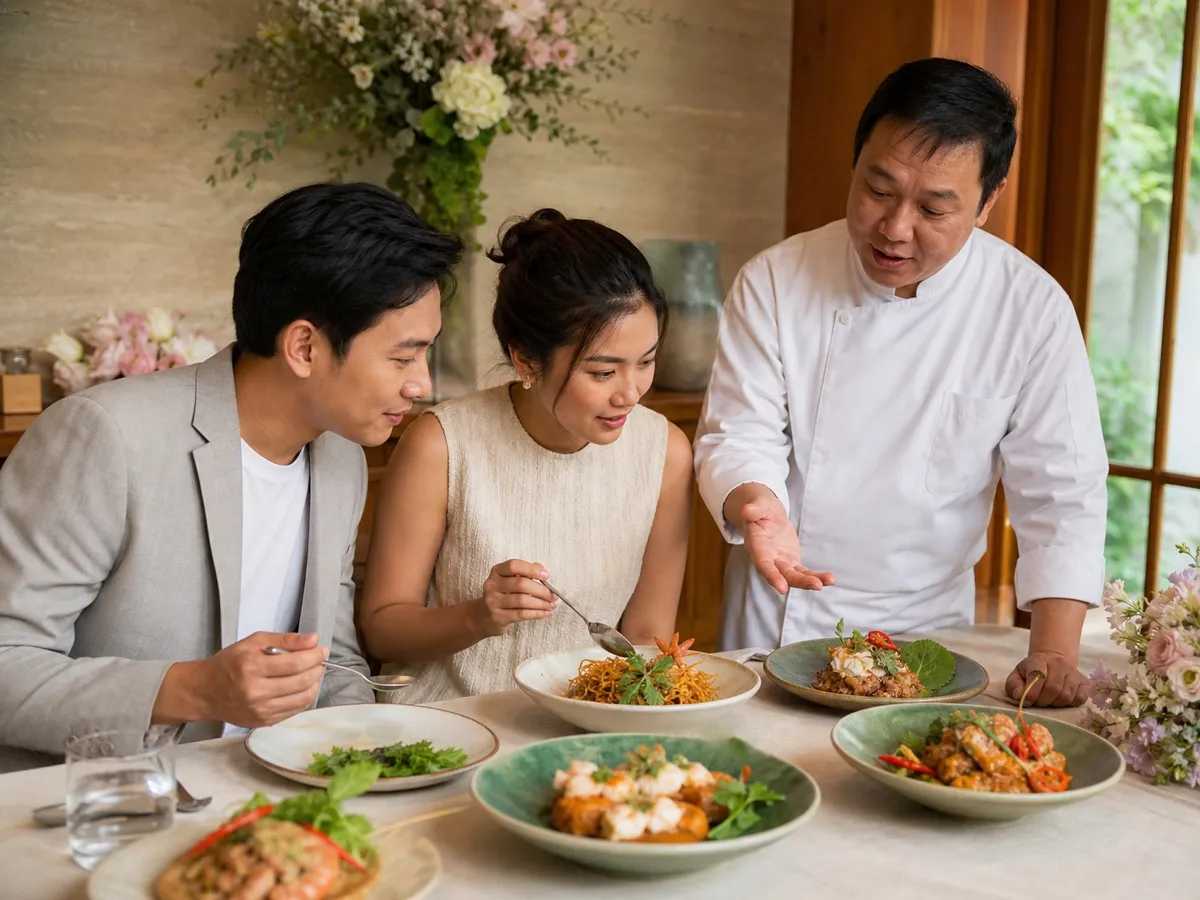 A chef presenting tasting dishes to a seated couple and talking them through each one