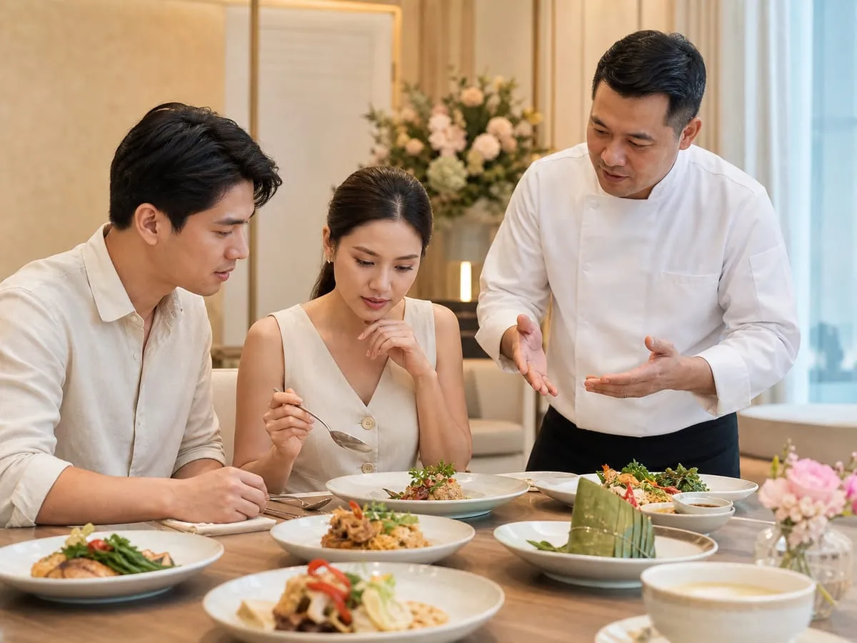 A bride-to-be pausing to think as she asks the chef questions during the tasting