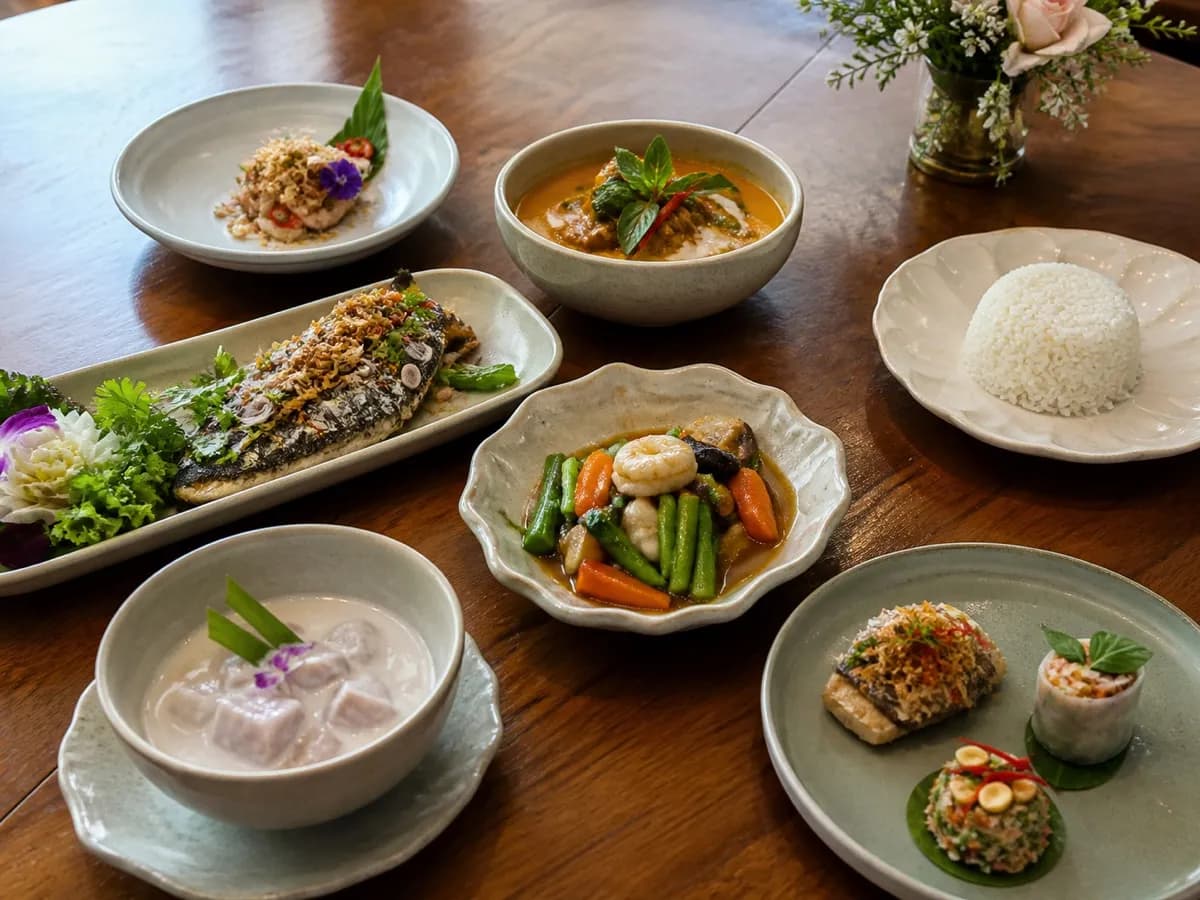 A spread of Thai dishes — grilled fish, curry, salad, rice and soup — laid out on a wooden table