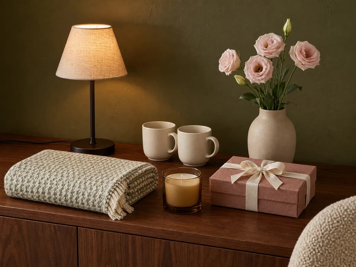 Wedding gift ideas arranged on a wooden cabinet, including a lamp, throw, pair of cups, candle, flower vase and ribboned box
