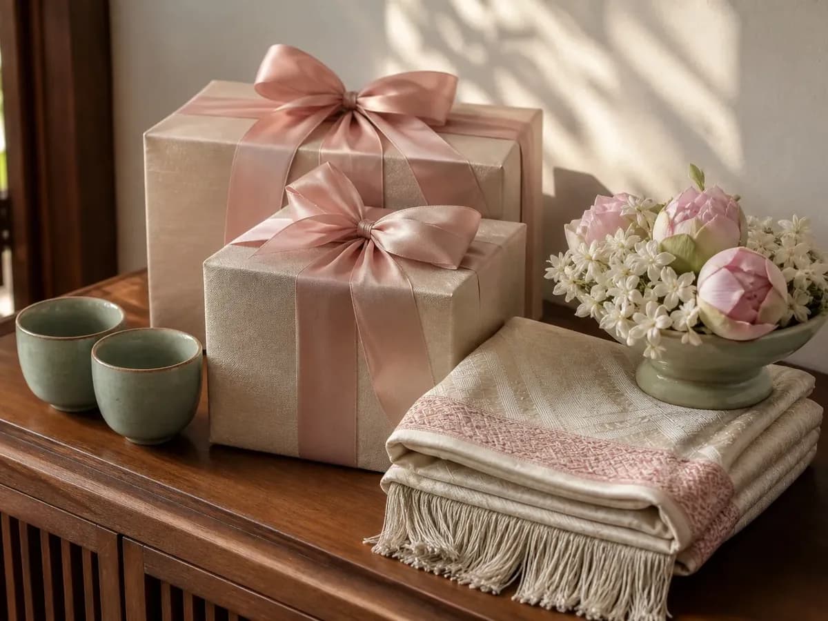Ribboned gift boxes on a wooden cabinet beside a pair of ceramic cups, a folded throw and a bowl of flowers