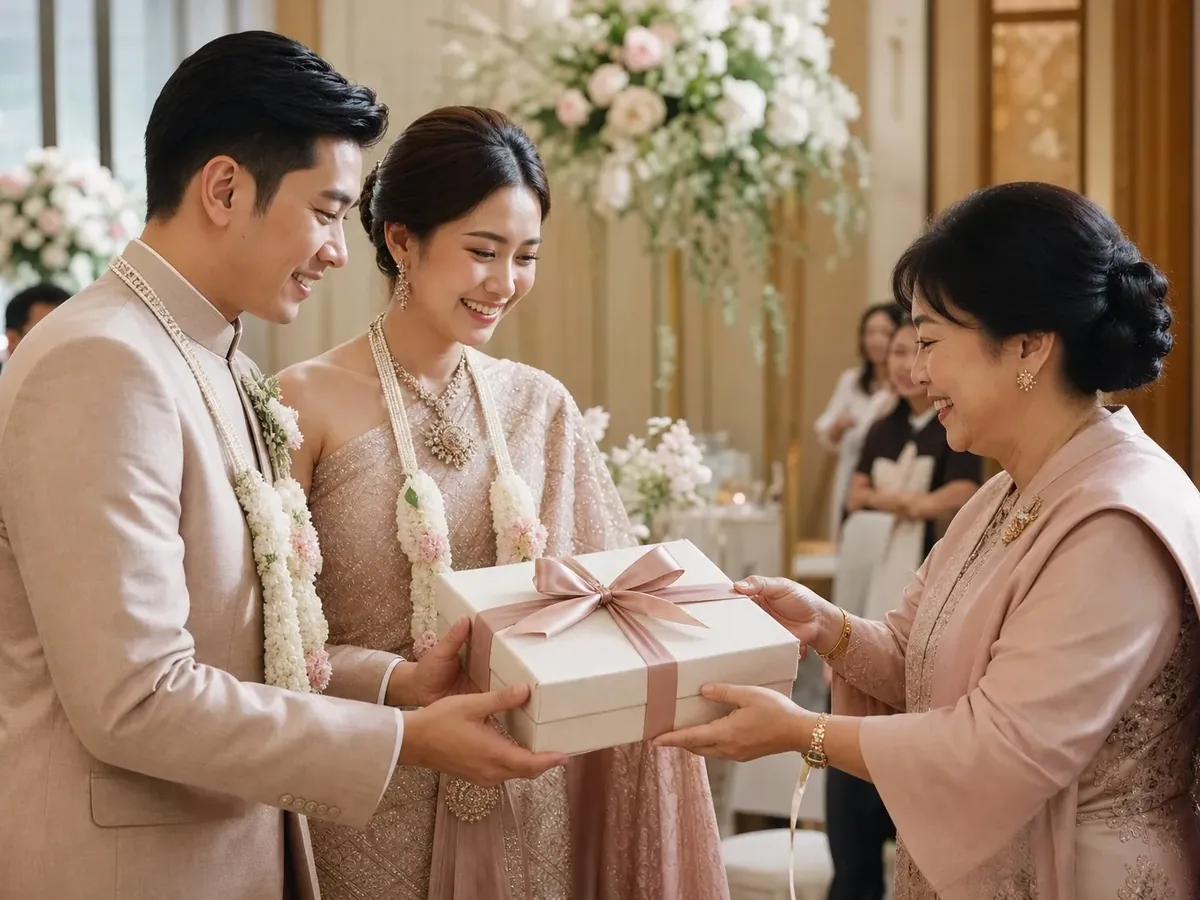 A couple in Thai wedding attire receiving a wrapped gift box from an older relative at the reception