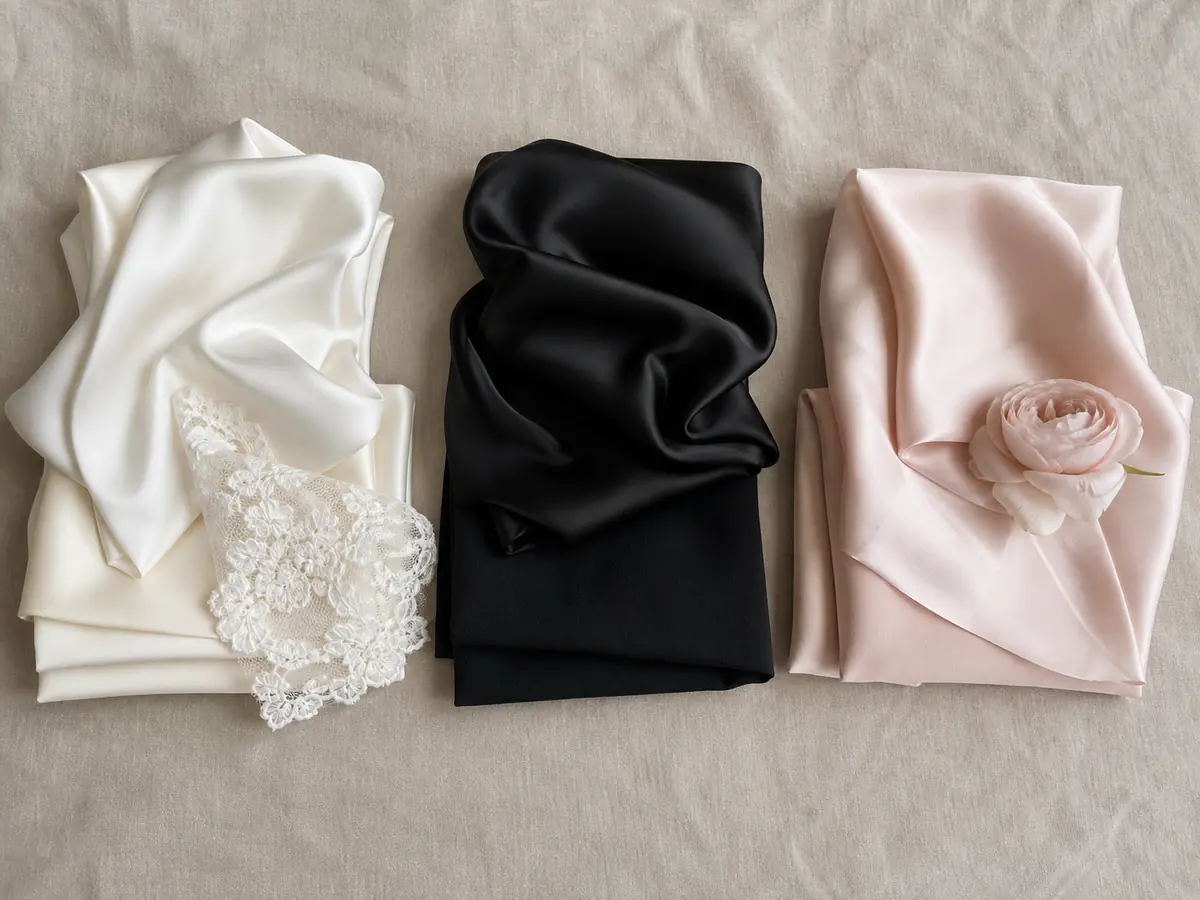 Ivory-white, black and bridal blush fabrics arranged as wedding guest colors to approach carefully