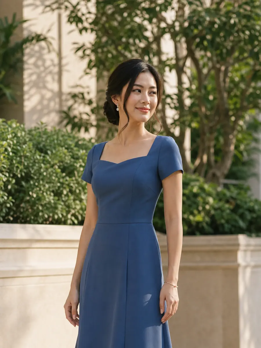 Thai wedding guest in a polished muted-blue midi cocktail dress