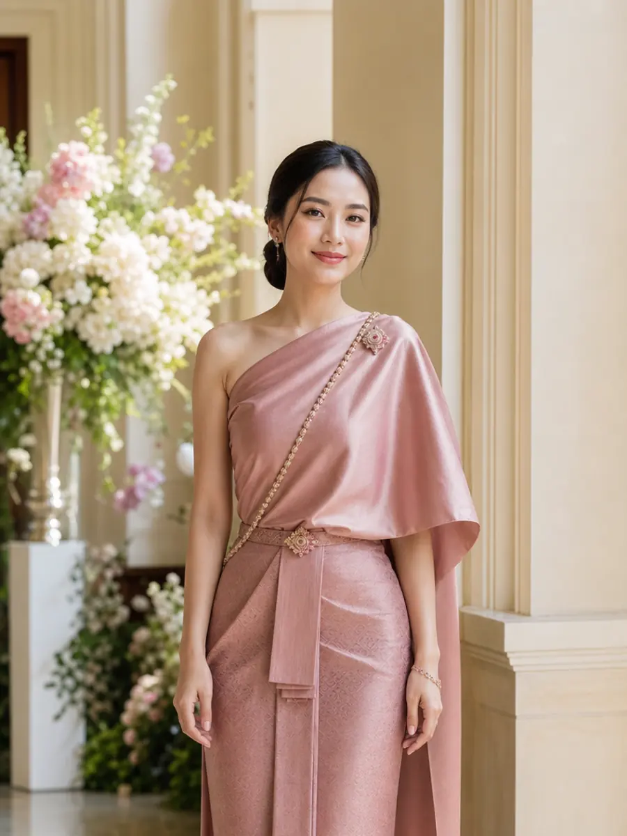 Thai wedding guest in a modest dusty-rose traditional outfit for the morning ceremony