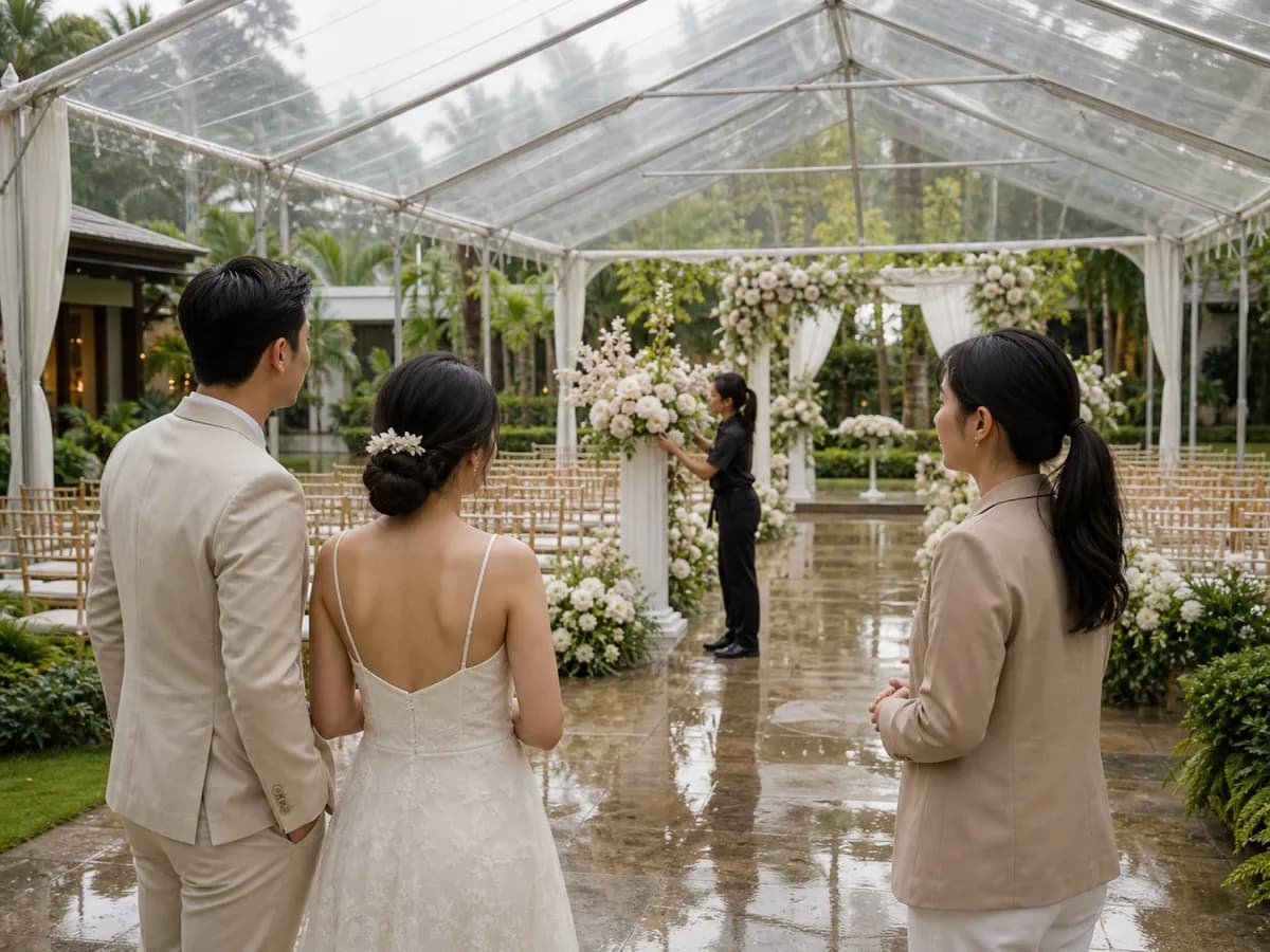 คู่บ่าวสาวยืนมองซุ้มพิธีใต้เต็นท์หลังคาใสขณะฝนตกลงบนพื้นเปียกรอบงาน