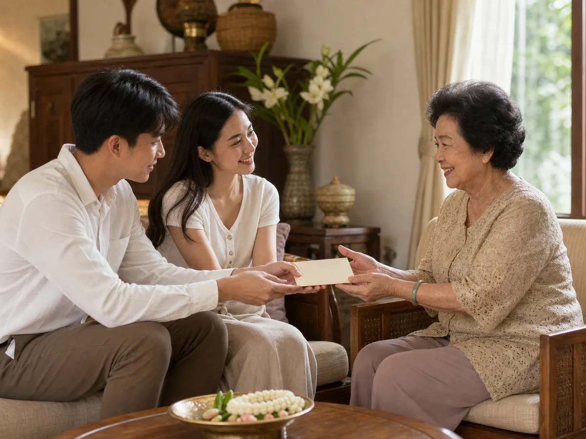 คู่บ่าวสาวยื่นการ์ดแต่งงานด้วยสองมือให้ญาติผู้ใหญ่ที่บ้าน