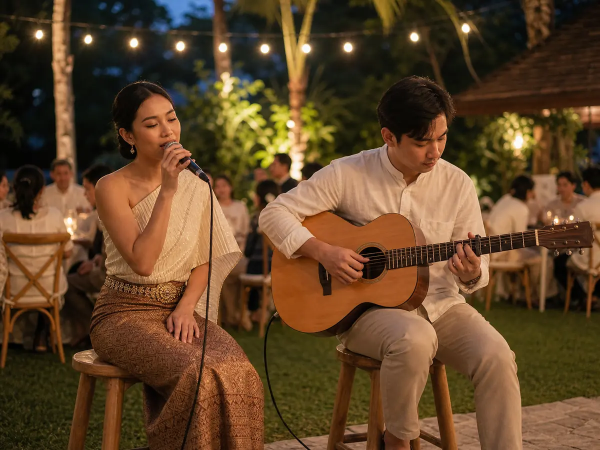 An acoustic duo performing in an intimate outdoor garden setting