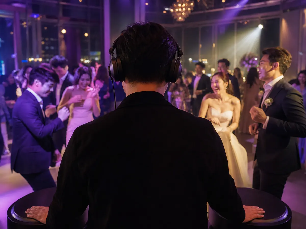 A wedding DJ playing energetic music at a colorful after-party
