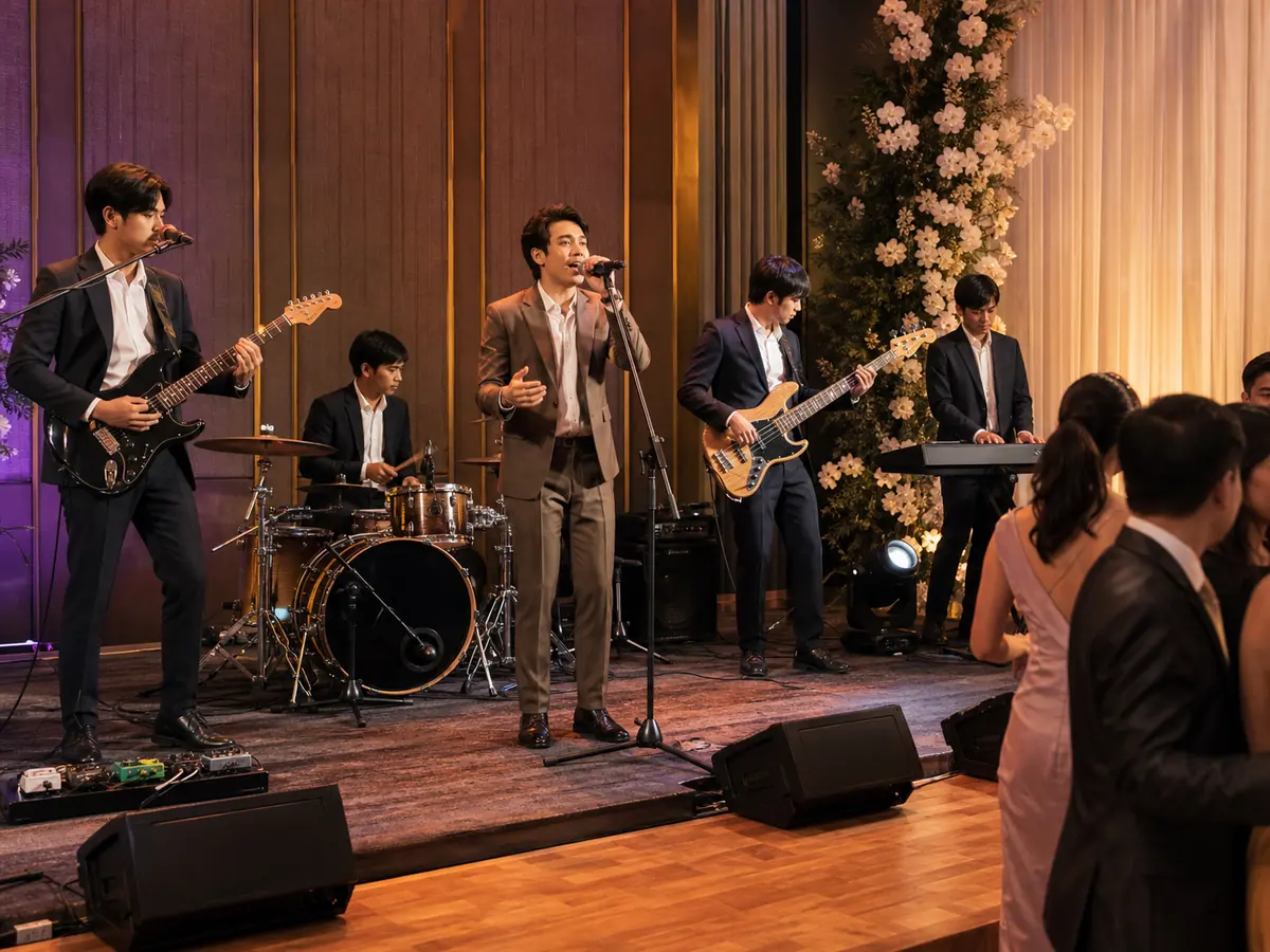 A grand full live band with a brass section performing in a luxury hotel ballroom