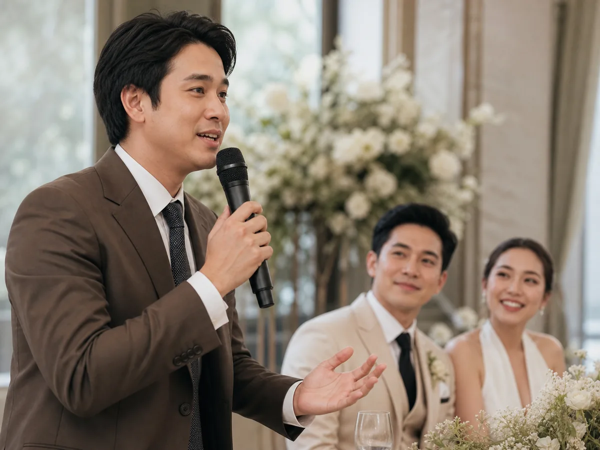 A close friend holding the mic to give a speech for the couple during the reception