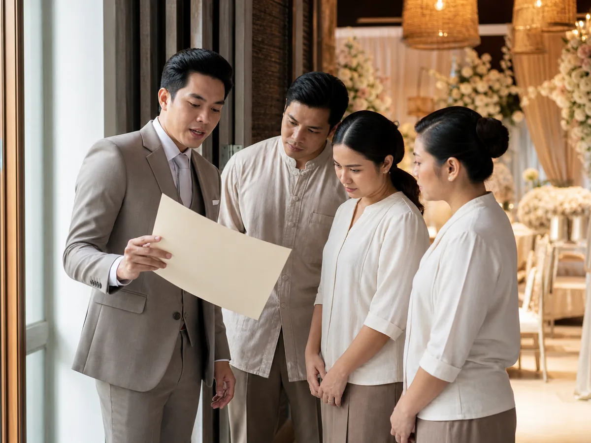 An MC and the crew going over the running order together backstage before the reception