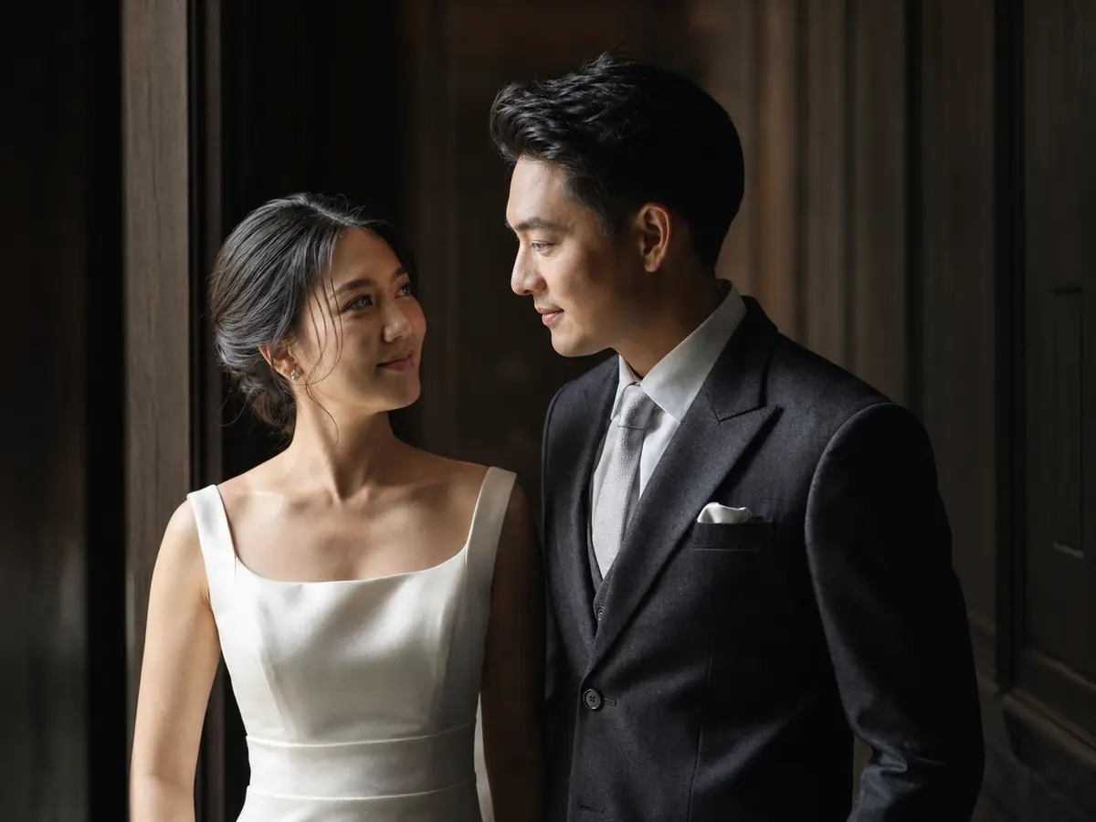 Dark and moody portrait of a Thai wedding couple in a timber hall with directional window light