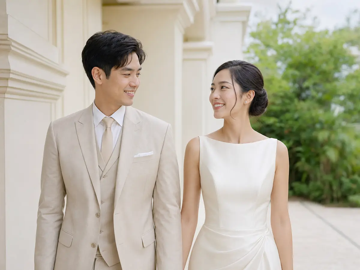 Light and airy portrait of a Thai wedding couple in a cream colonnade with soft morning light