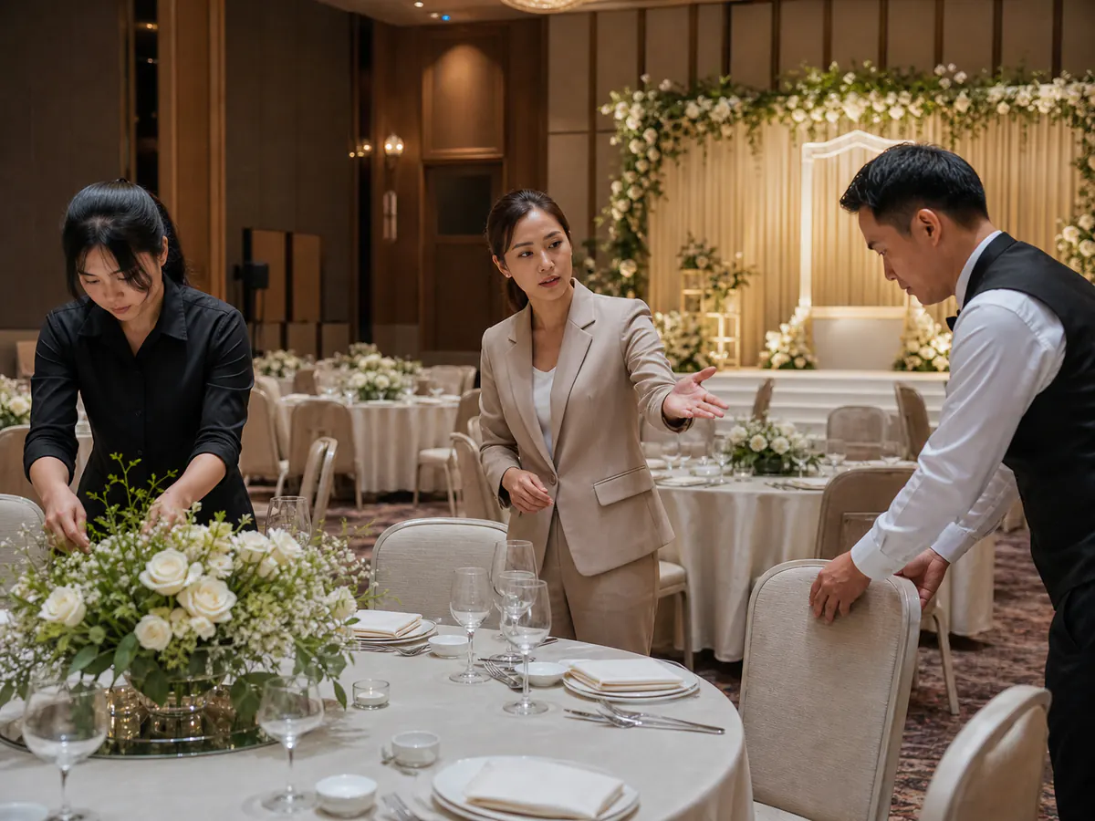 เวดดิ้งแพลนเนอร์ประสานงานกับทีมดอกไม้และกัปตันห้องจัดเลี้ยงเพื่อตรวจความเรียบร้อยก่อนเปิดงาน