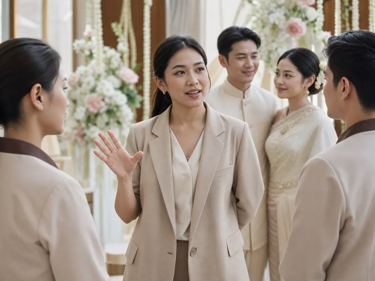 เวดดิ้งแพลนเนอร์อธิบายลำดับงานให้บ่าวสาวชุดไทยและทีมงานฟังก่อนเริ่มพิธี