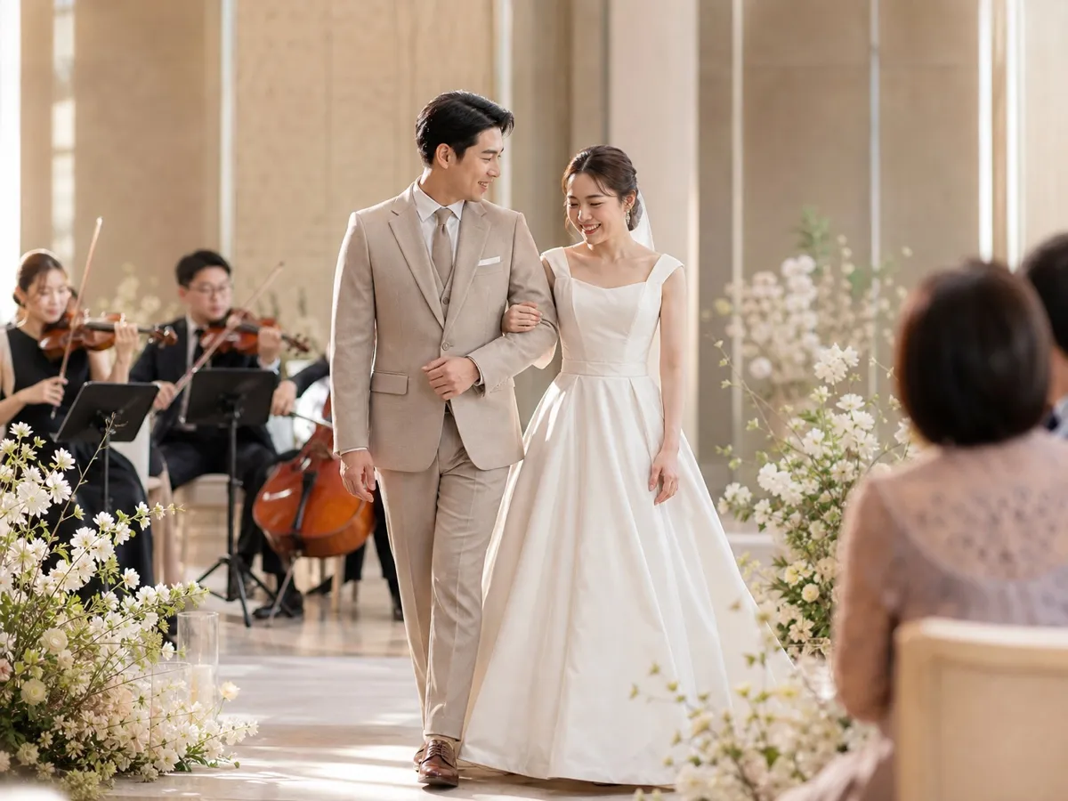 The couple walking in arm in arm past a string ensemble playing beside the aisle