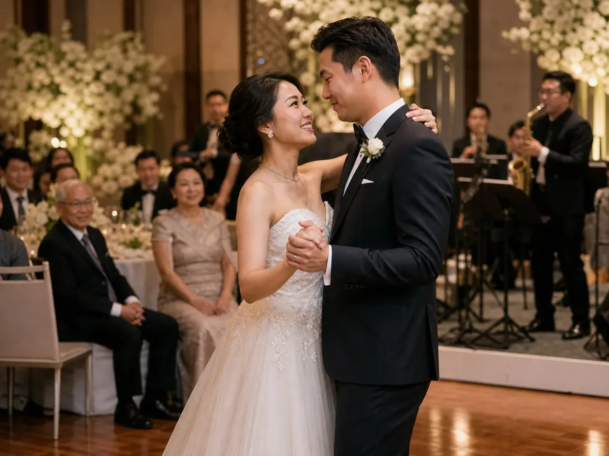The couple dancing close on the floor while seated guests watch and the band plays behind them