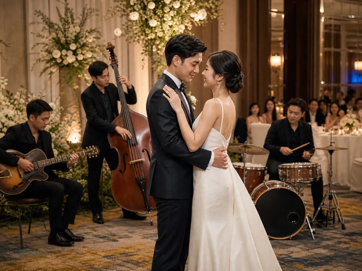 A live band playing behind the couple as they share a slow dance at the reception