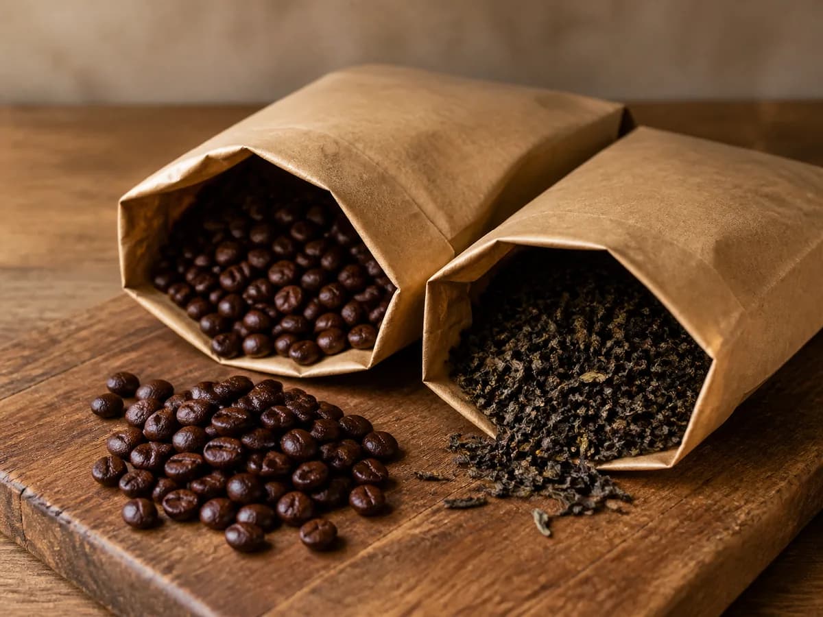 ถุงกระดาษคราฟท์ใส่เมล็ดกาแฟและใบชา วางข้างเมล็ดกาแฟคั่วที่เทกองไว้