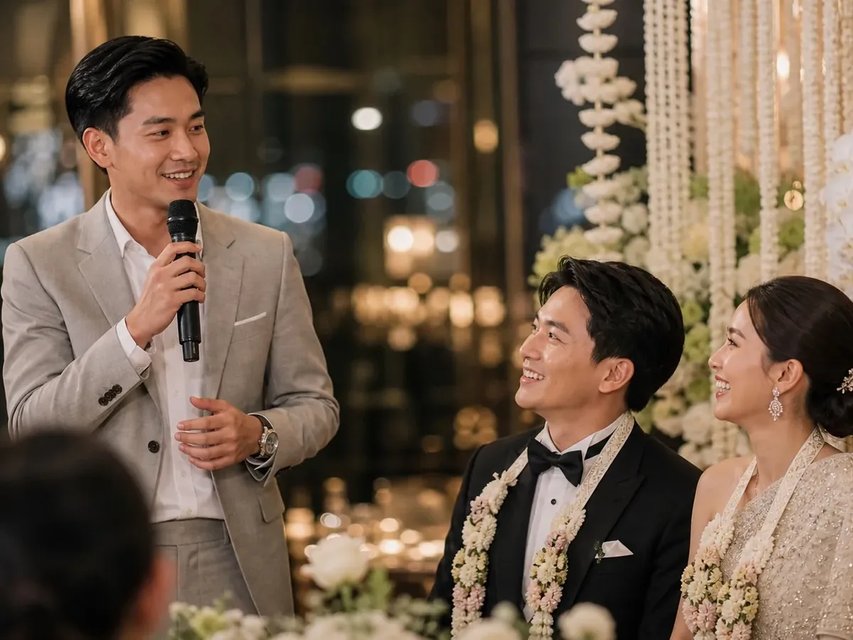 พิธีกรชายในสูทสีเทาอ่อนถือไมค์กล่าวเปิดงานโดยมีคู่บ่าวสาวอยู่ข้างๆ