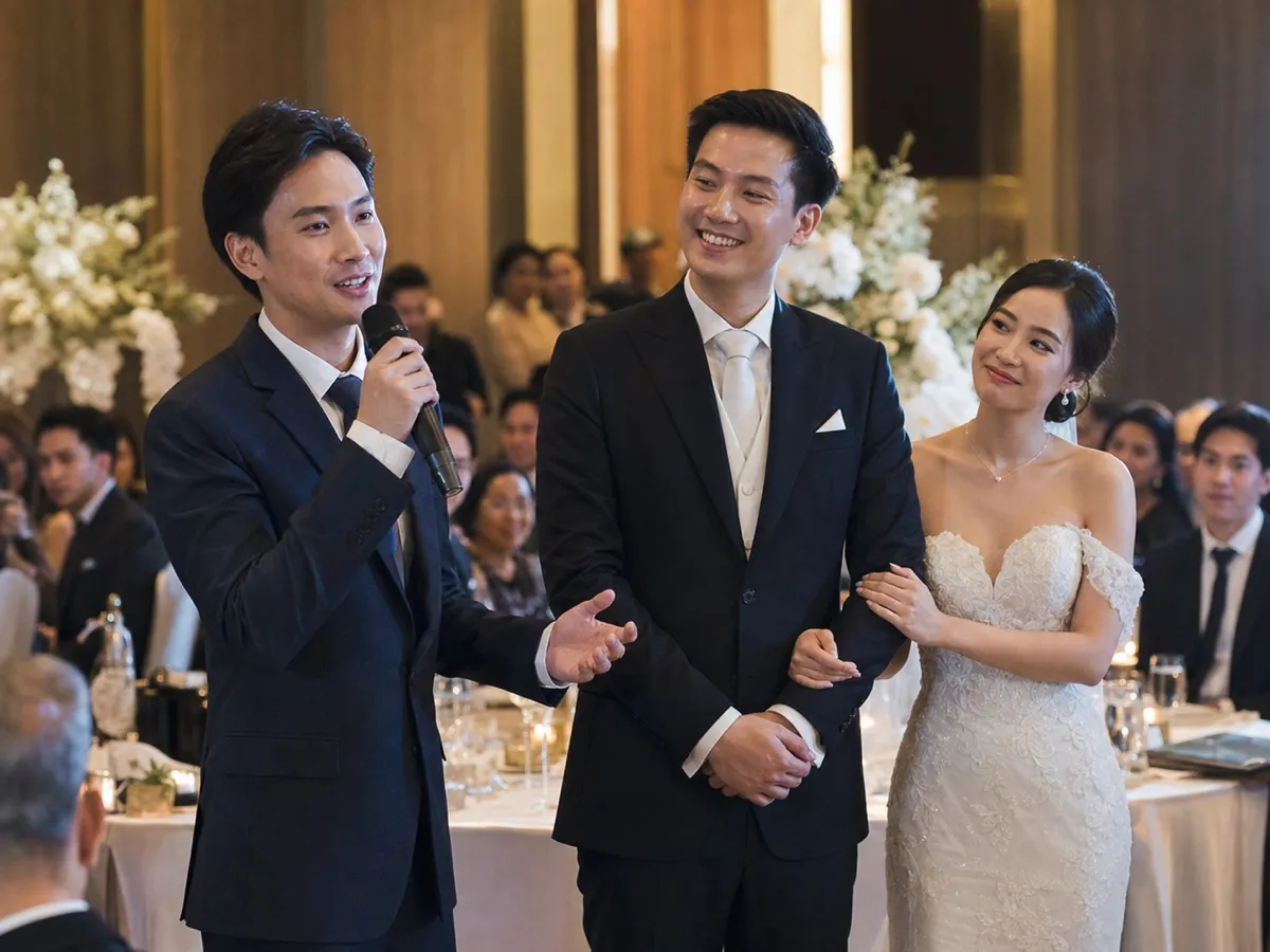 เพื่อนเจ้าบ่าวในสูทสีกรมท่ากล่าวอวยพรผ่านไมค์ข้างคู่บ่าวสาวในงานเลี้ยง