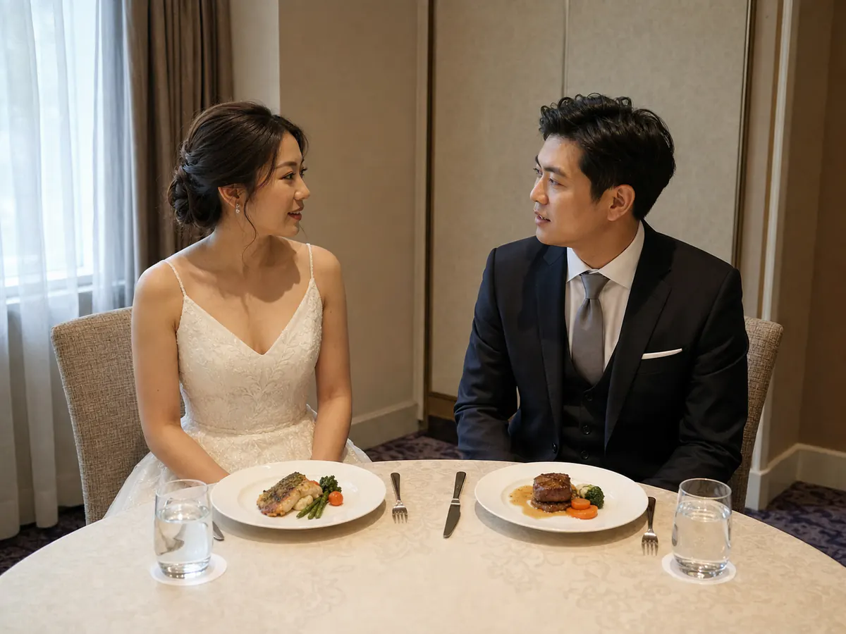 คู่บ่าวสาวไทยพักรับประทานอาหารในห้องส่วนตัวก่อนออกไปต้อนรับแขกช่วงงานเลี้ยงเย็น