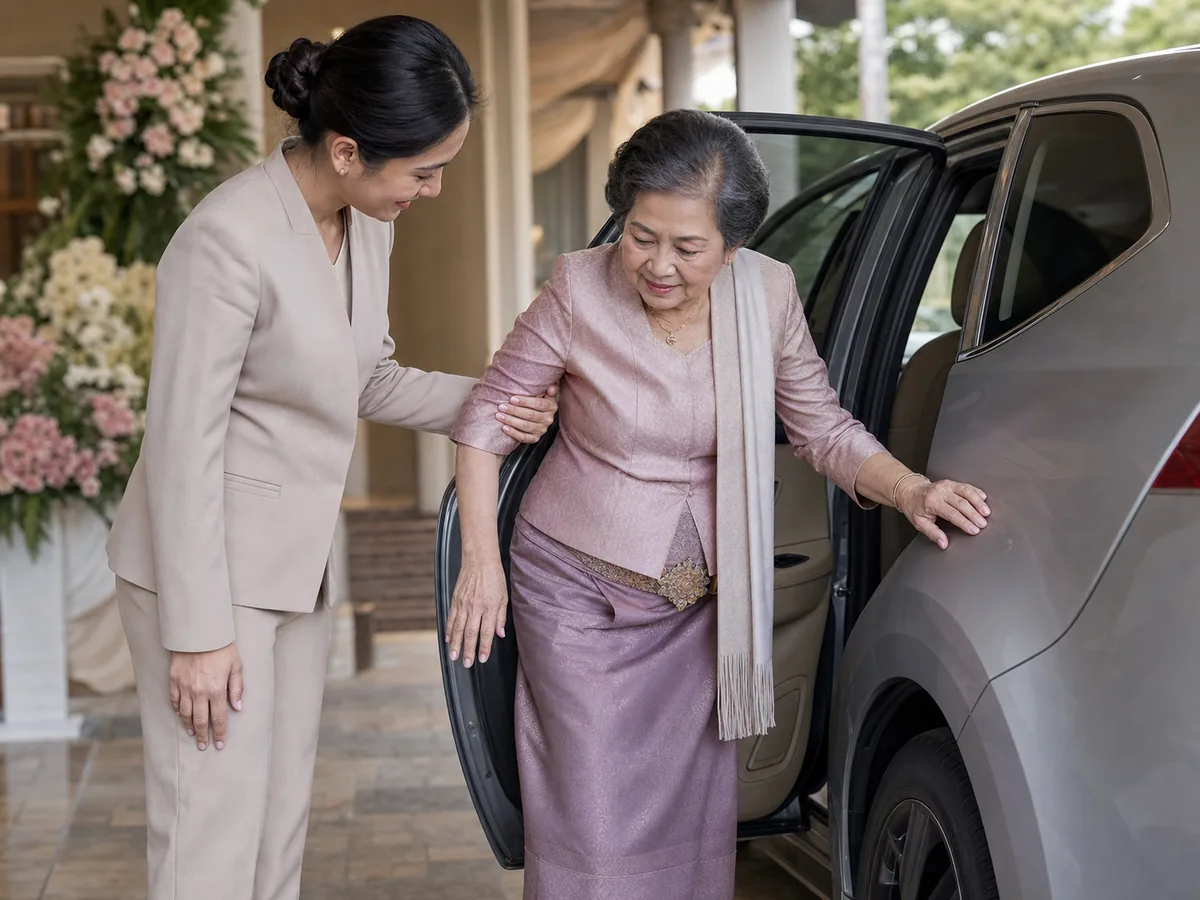 เจ้าหน้าที่ช่วยพยุงแขกผู้ใหญ่ลงจากรถที่จุดส่งผู้โดยสารหน้างานซึ่งมีหลังคาคลุม