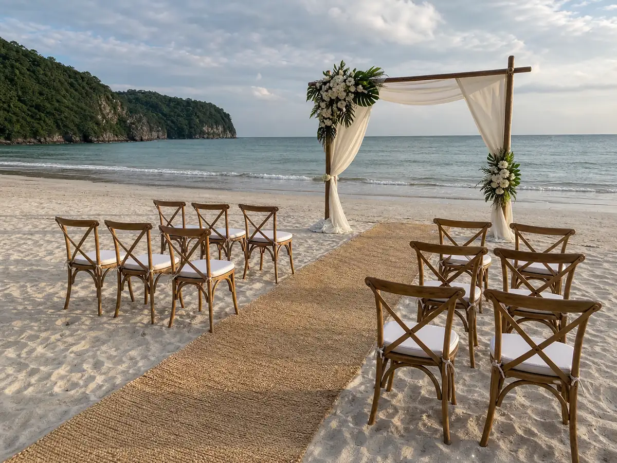 ชายหาดจัดเก้าอี้ไม้ ทางเดิน และซุ้มพิธีหันออกสู่ทะเล