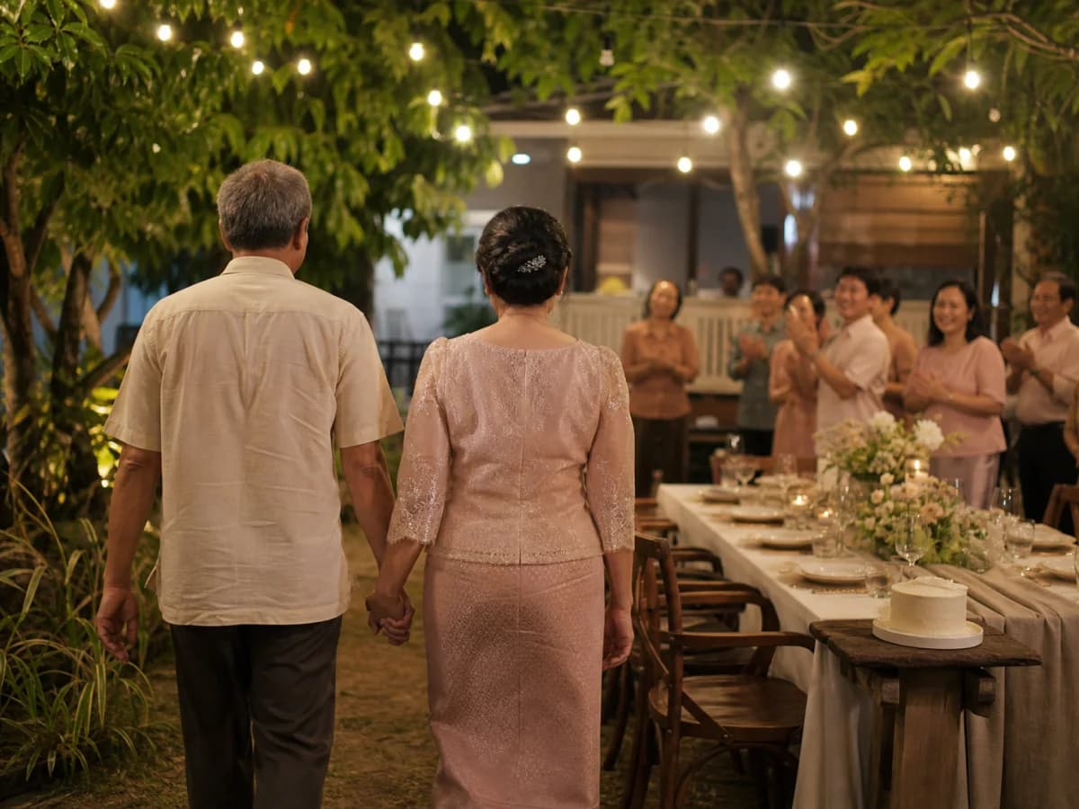 คู่รักสูงวัยเดินเข้าสู่งานฉลอง Vow Renewal ในสวนกับครอบครัว