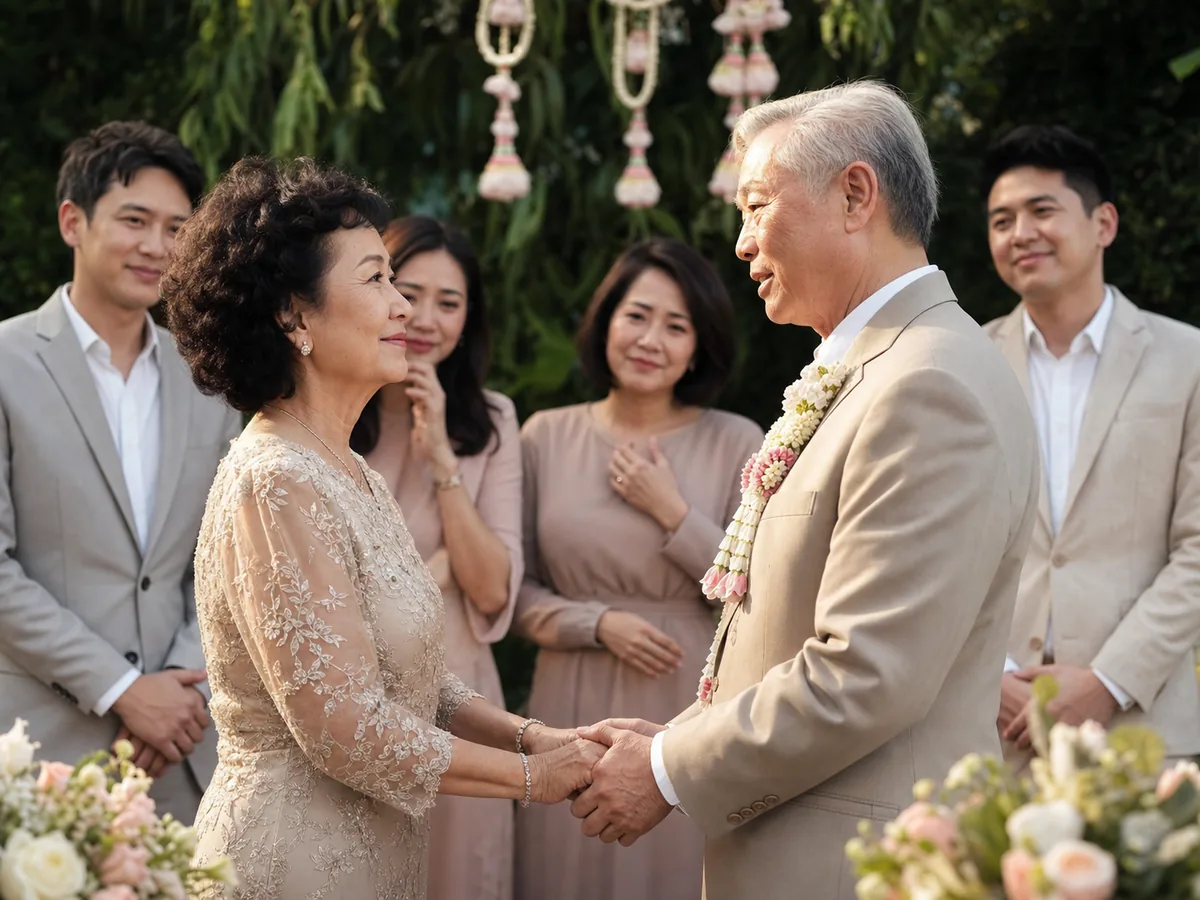 คู่รักวัยกลางคนจับมือกันกล่าวคำสาบานรักใหม่ต่อหน้าลูก ๆ ในงานเล็ก ๆ